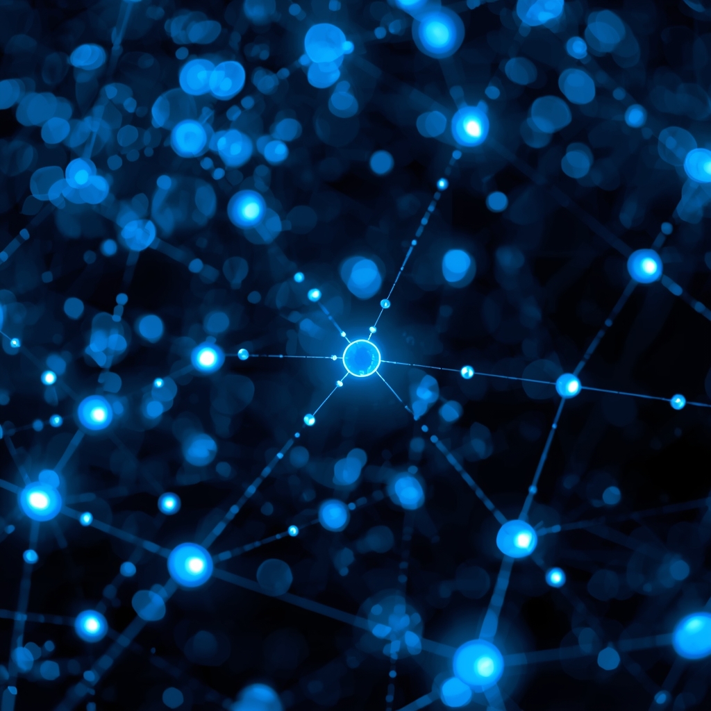A visual representation of connecting nodes glowing in light blue, showing automated data flow and logic network